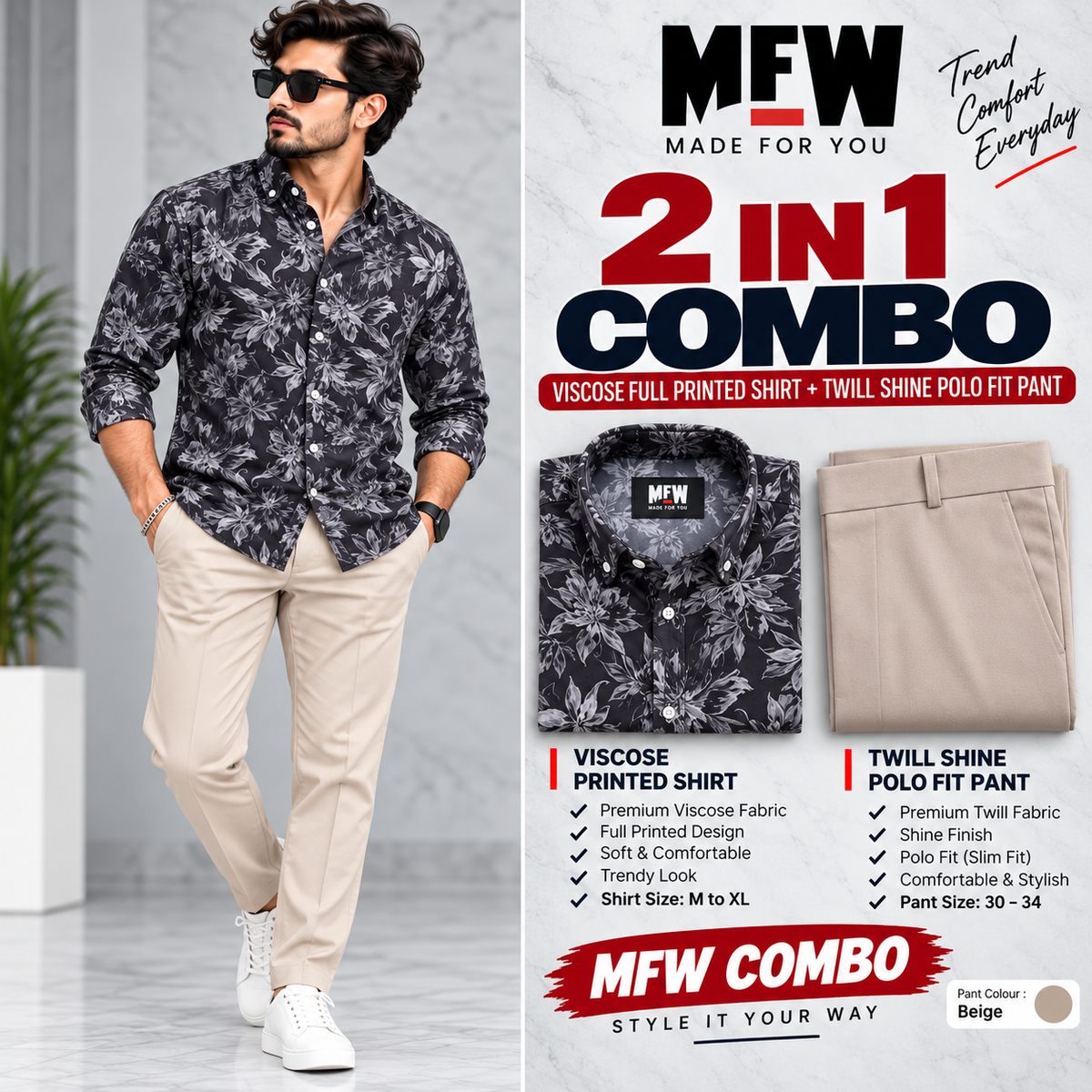 2 in 1 Combo viscose printed shirts + Twill polo fit pant buy @600 rs only