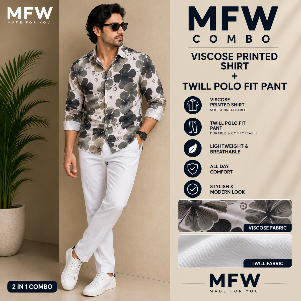2 in 1 combo MFW viscose printed shirts + Twill fabric polo fit pant buy @600 rs only