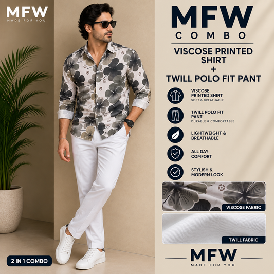 2 in 1 combo MFW viscose printed shirts + Twill fabric polo fit pant buy @600 rs only