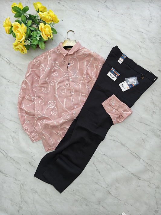 2 in 1 combo embroidery work shirts + lenin polo fit pants buy @600 rs only[ pant color Black ]