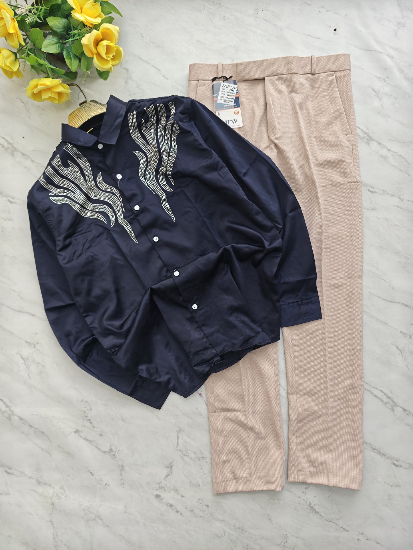 2 in 1 combo Party wear Stone work shirts + peanut fabric polofit pant buy @600 rs only