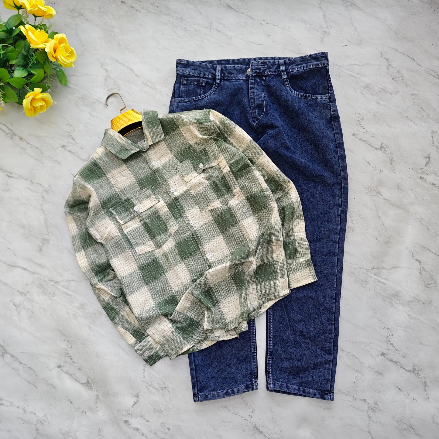 2 in 1 combo double pocket back printed shirts + plain mom fit jeans pant combo buy 550 rs only