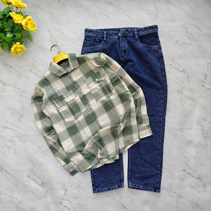 2 in 1 combo double pocket back printed shirts + plain mom fit jeans pant combo buy 550 rs only