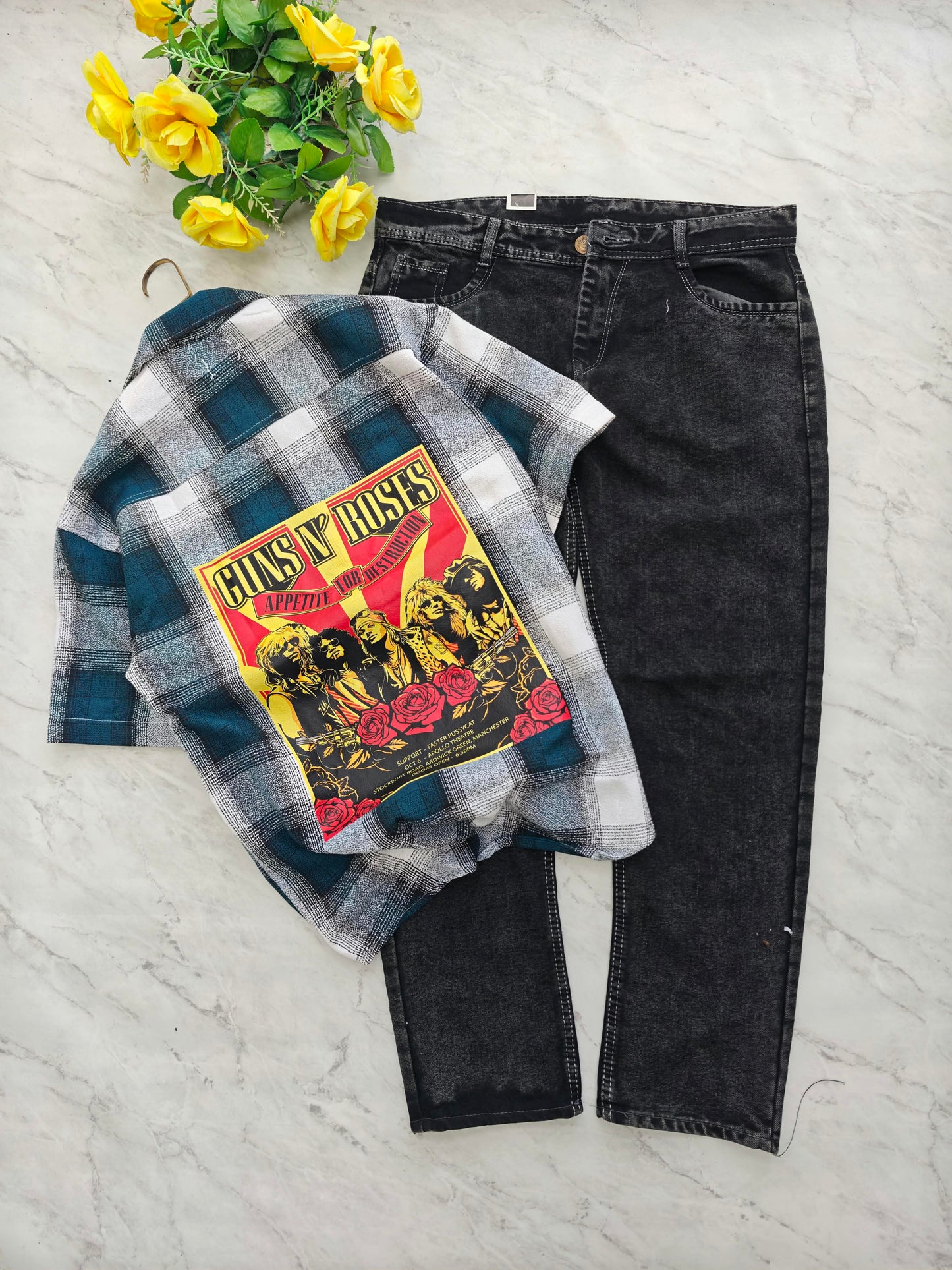 2 in 1 combo Cuban collar back print shirts + plain mom fit jeans pant combo buy @550