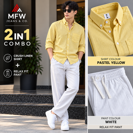 2 in 1 combo old money type crush lenin shirts + relax fit pant buy @600 rs only