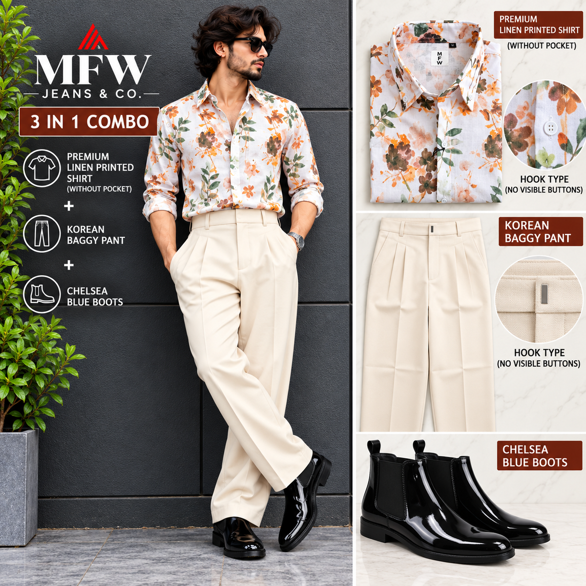 3 in 1 combo MFW Lenin printed shirts + korean baggy pants + boots buy @999 only