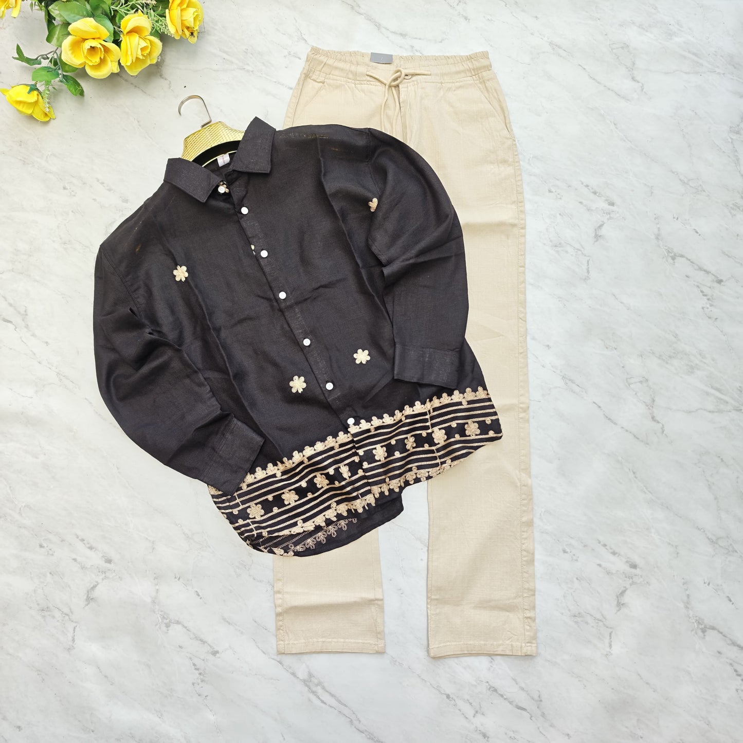 2 in 1 combo lenin bottom embroidery shirts+ lenin relax fit pant combo buy @600 rs