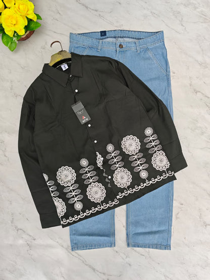 2 in 1 combo MFW border embroidery shirts + mom fit jeans pant buy @600 rs only[Shirts green]