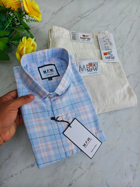 2 in 1 combo MFW checked shirts + plain mom fit jeans pant combo buy@600 rs only