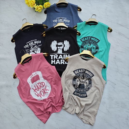 Men's cotton sleeveless tshirts buy @150 rs  (random colours and design no selctions)