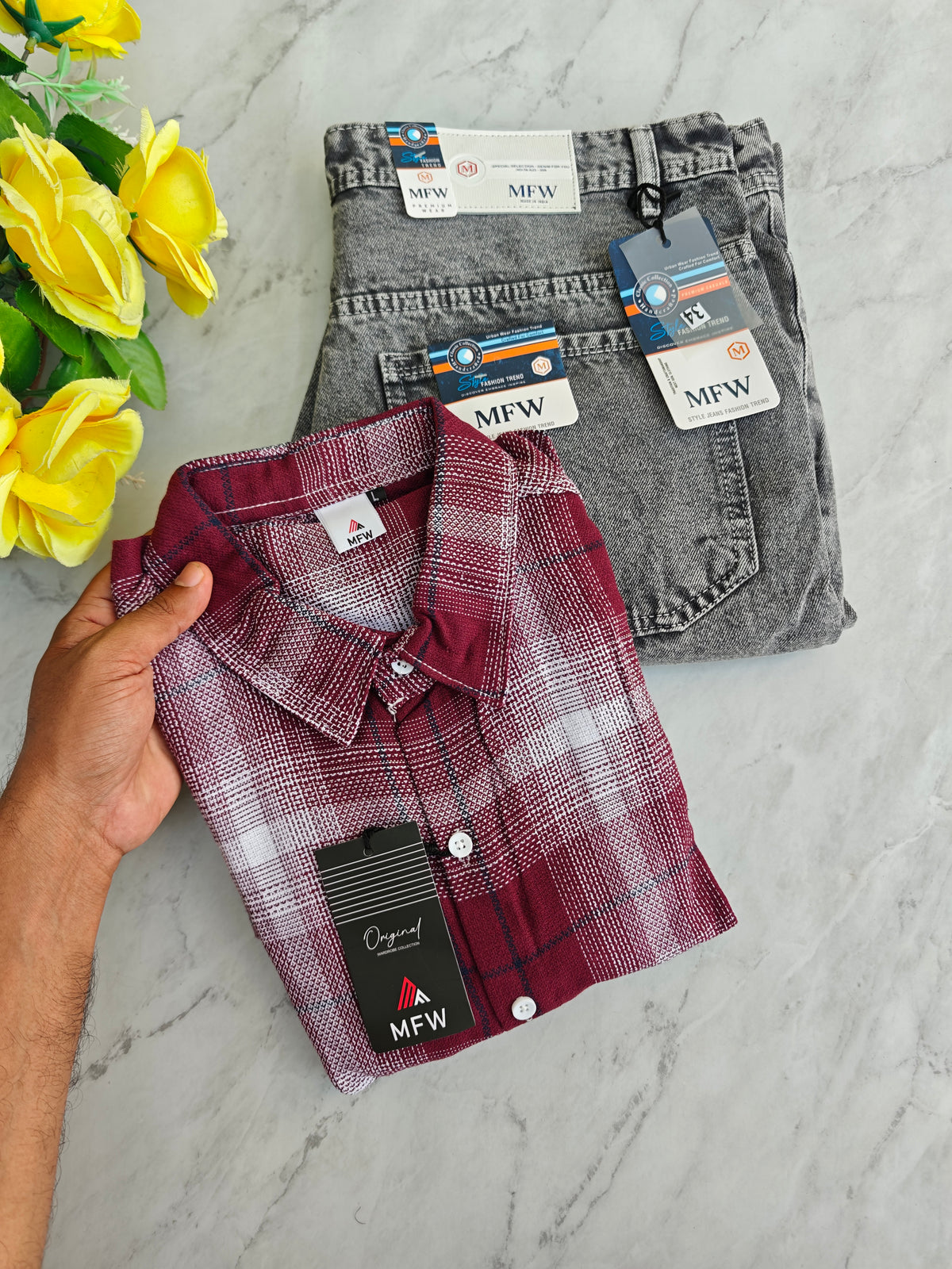 2 in 1 combo MFW checked shirts + mom fit jeans pant buy @600 rs only