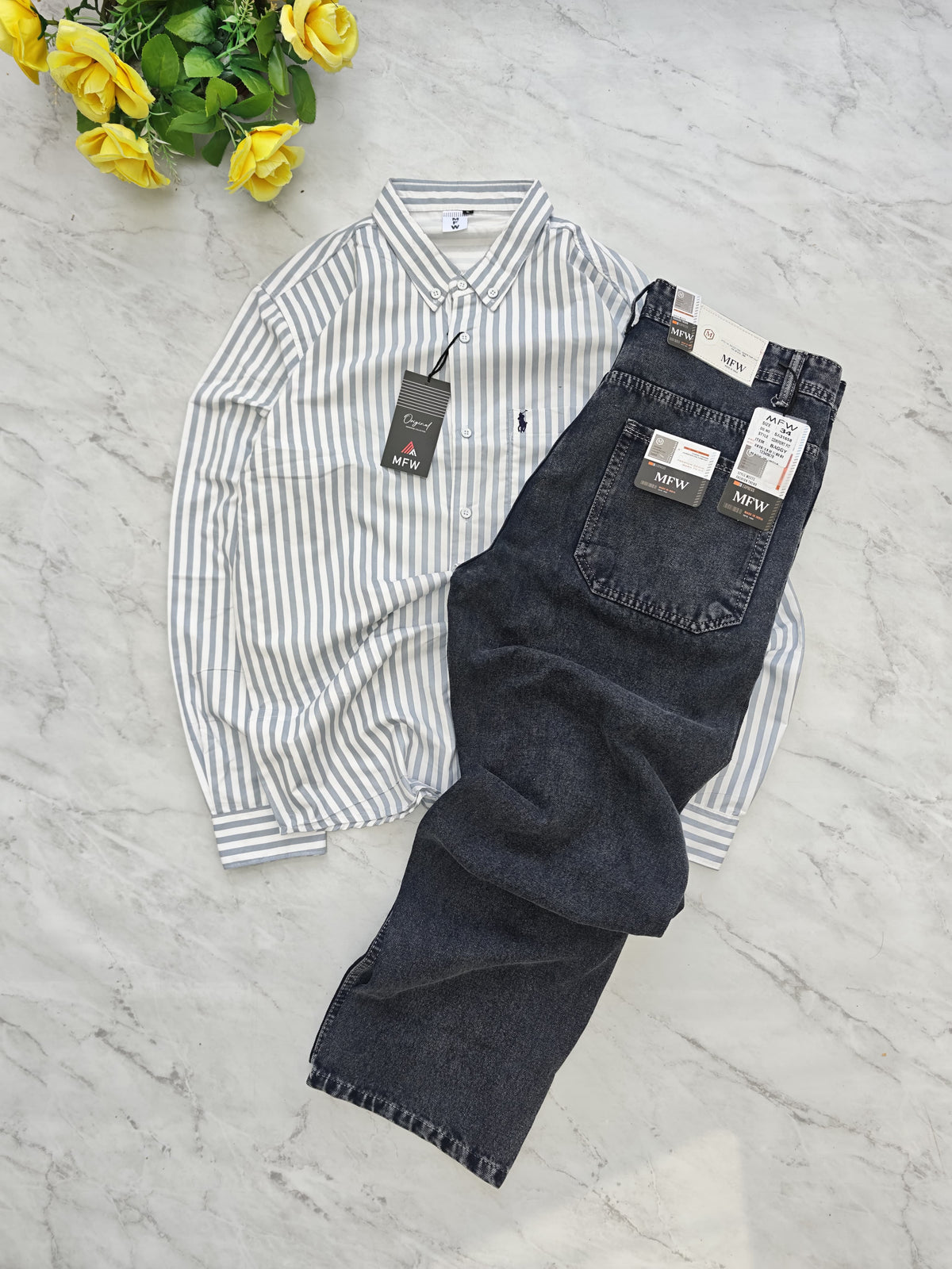 2 in 1 combo MFW stripes shirts + Semi baggy jeans pant buy @600 rs only