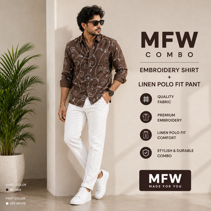 2 in 1 combo embroidery work shirts + lenin polo fit pants buy @600 rs only[ pant color White ]