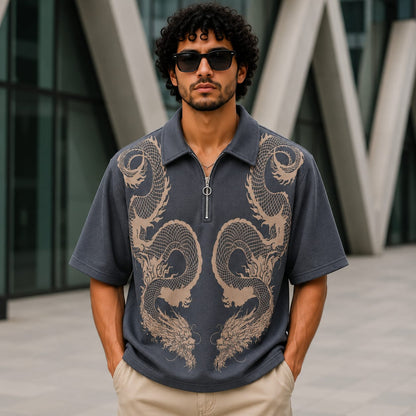 Old money Korean drop shoulder dragon design zipper tshirt buy @250 rs only