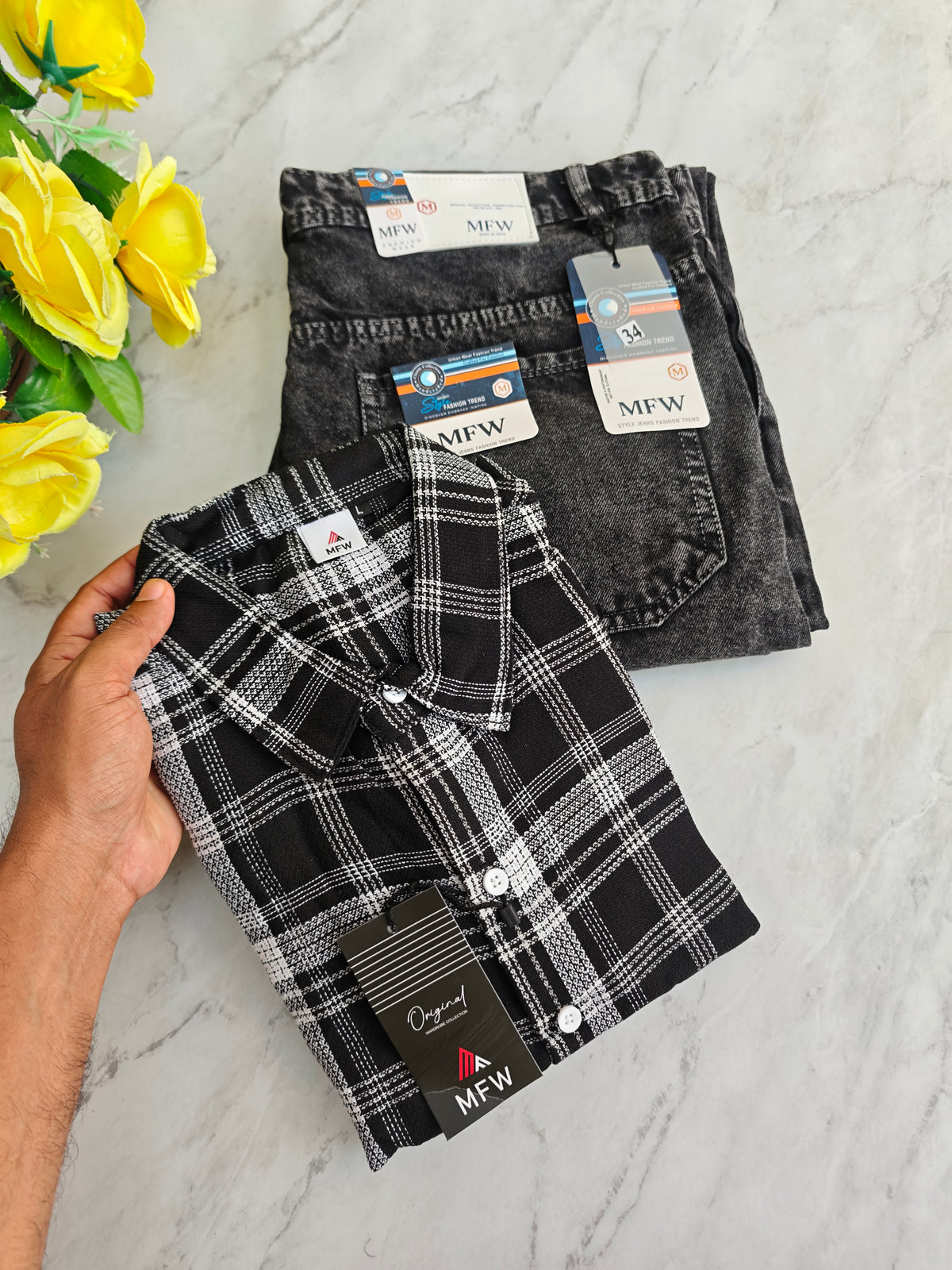2 in 1 combo MFW checked shirts + mom fit jeans pant buy @600 rs only