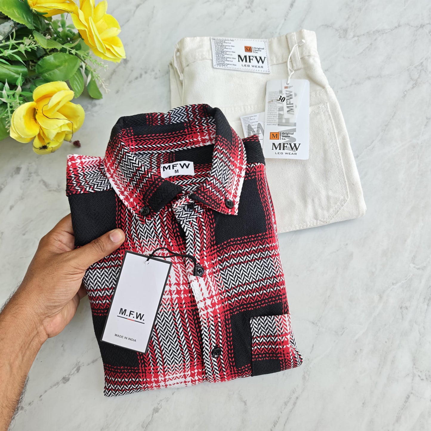 2 in 1 combo MFW Old money korean weaving shirts + plain momfit jeans pant combo buy @600 rs only