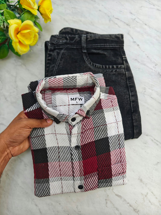 2 in 1 Combo | MFW Korean Weaving Shirt + Plain Mom Fit Jeans @ ₹600 | Buy Online