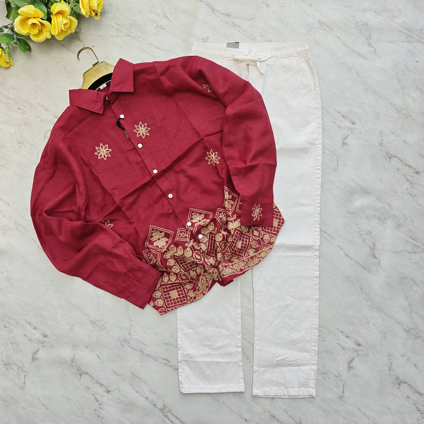 2 in 1 combo lenin bottom embroidery shirts+ lenin relax fit pant combo buy @600 rs