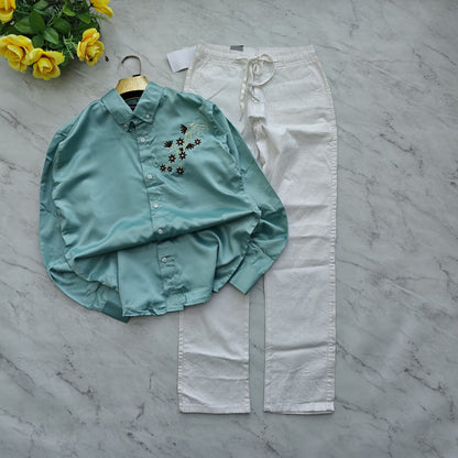2 in 1 combo MFW embroidery party wear shirts + lenin relax fit pant combo buy @600 rs only