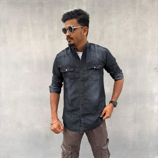 Men's Double pocket Mandarin Denim Shirts single pcs @350 and Buy 3 pc combo @999