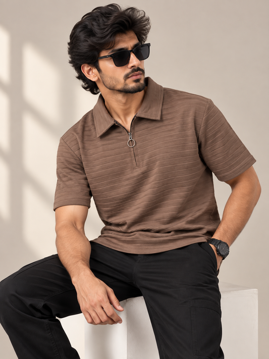 Mfw Collar zipper Tshirt 1 pc @199 and 3 pcs @ 499(Dark brown)