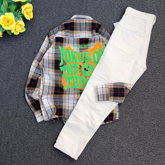 2 in 1 combo Double pocket back printed shirts + mom fit jeans buy @600 rs only