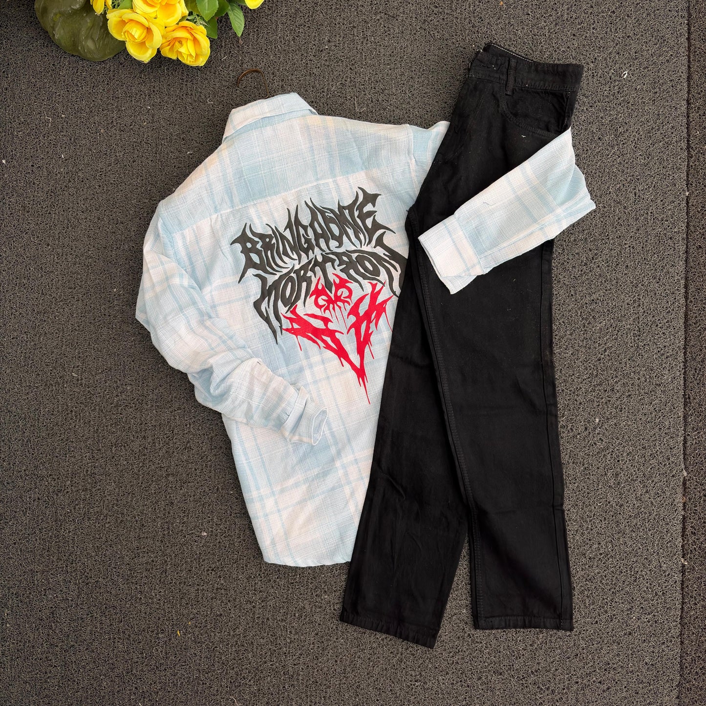 2 in 1 combo Dobby double pocket back print shirts + Mom fit jeans pant combo buy @600