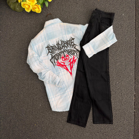 2 in 1 combo Dobby double pocket back print shirts + Mom fit jeans pant combo buy @600