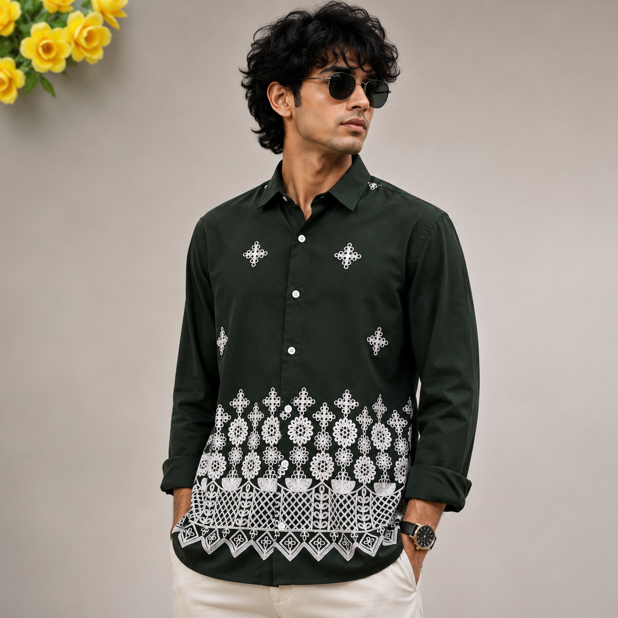 MFW viscose bottom embroidery Shirts single pcs @350 and Buy 3 pc combo @999(Green)