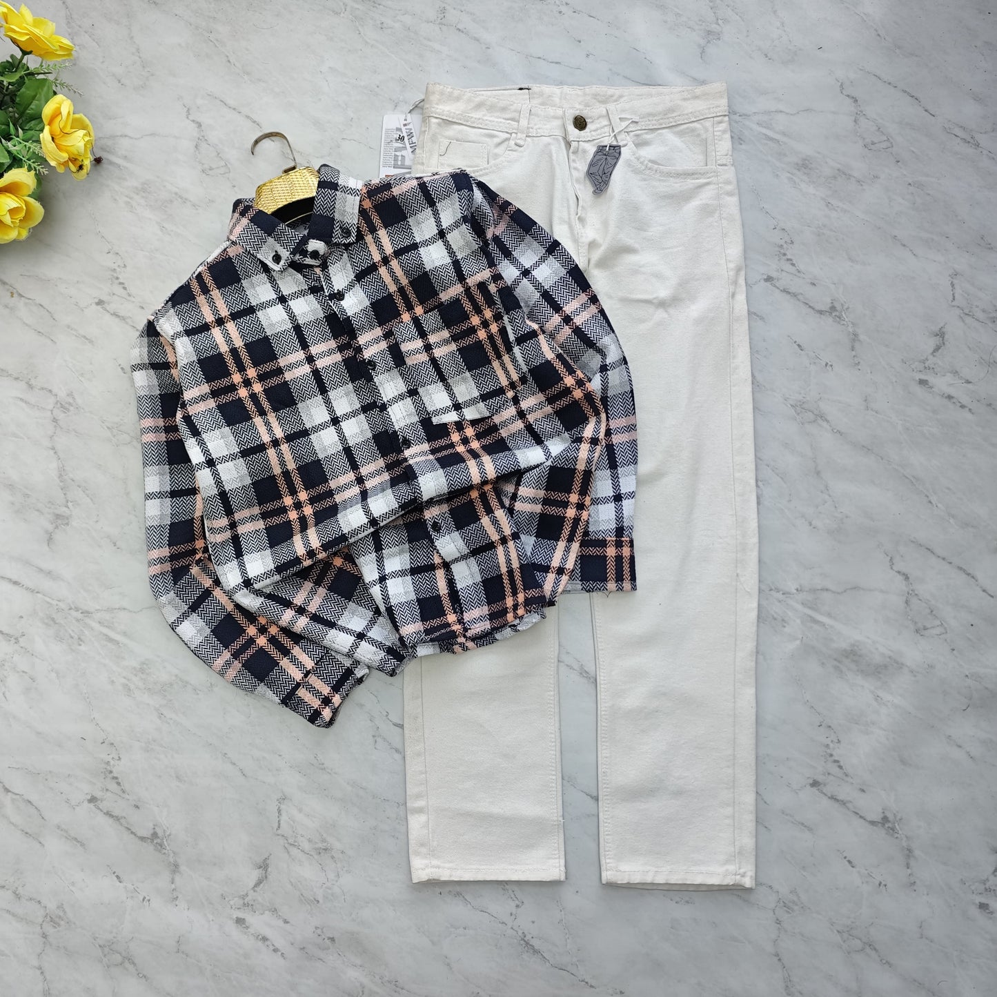 2 in 1 combo MFW Old money korean weaving shirts + plain momfit jeans pant combo buy @600 rs only(Orange)