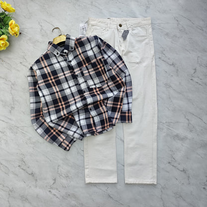 2 in 1 combo MFW Old money korean weaving shirts + plain momfit jeans pant combo buy @600 rs only(Orange)
