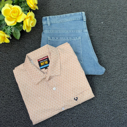 MFW Printed Shirts & Mom Fit Jeans random colours Combo – ₹449 Only("Pick your shirt color, pant’s a surprise!")