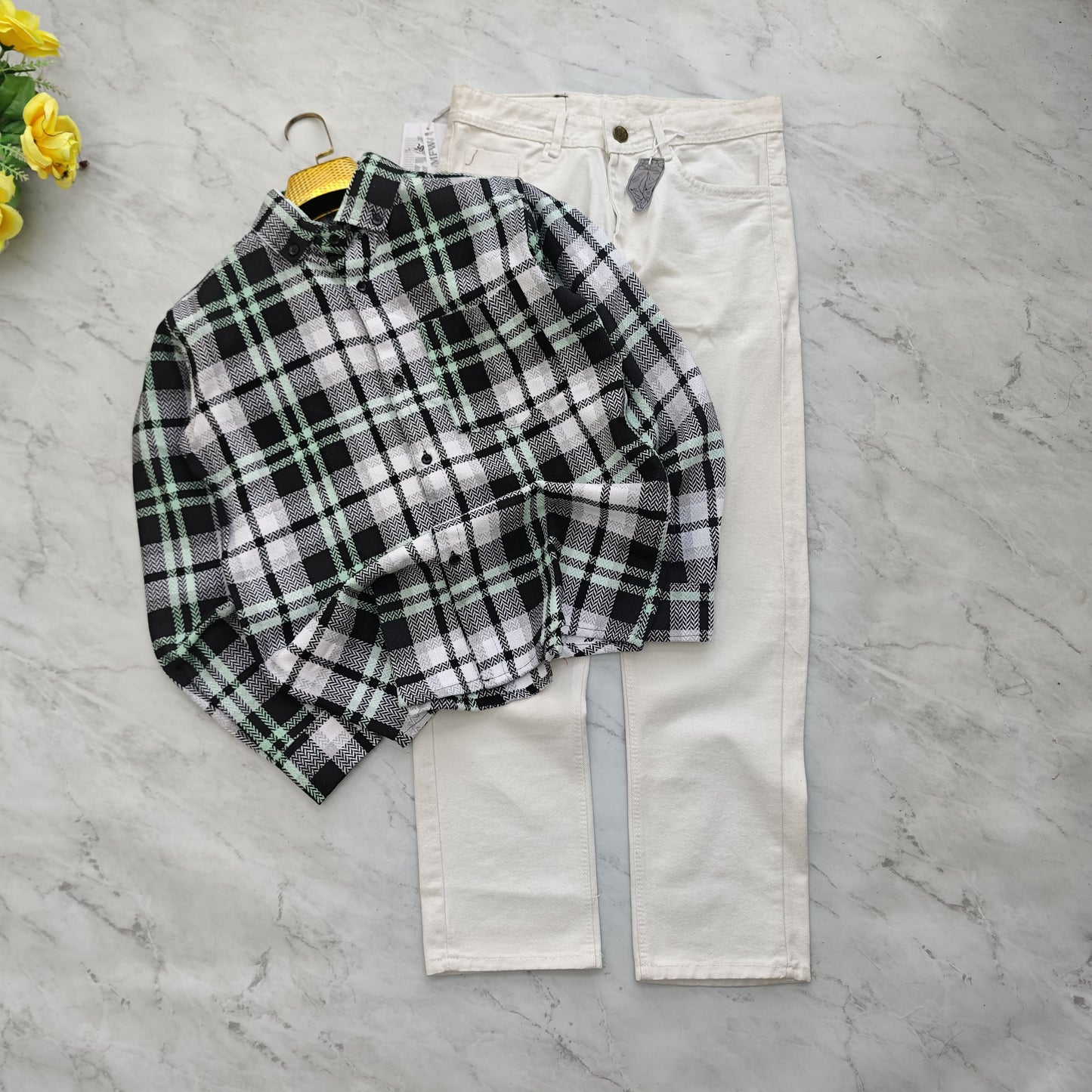 2 in 1 combo MFW Old money korean weaving shirts + plain momfit jeans pant combo buy @600 rs only (Green)