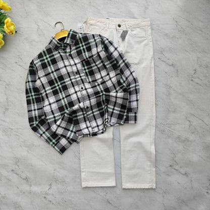 2 in 1 combo MFW Old money korean weaving shirts + plain momfit jeans pant combo buy @600 rs only (Green)