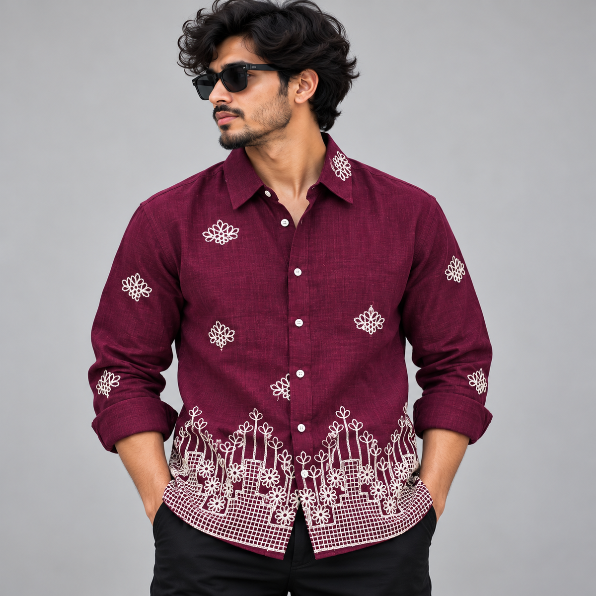 Men's Full sleeve lenin  Bottom Embroidery Shirts single pcs @350 and Buy 3 pc combo @999