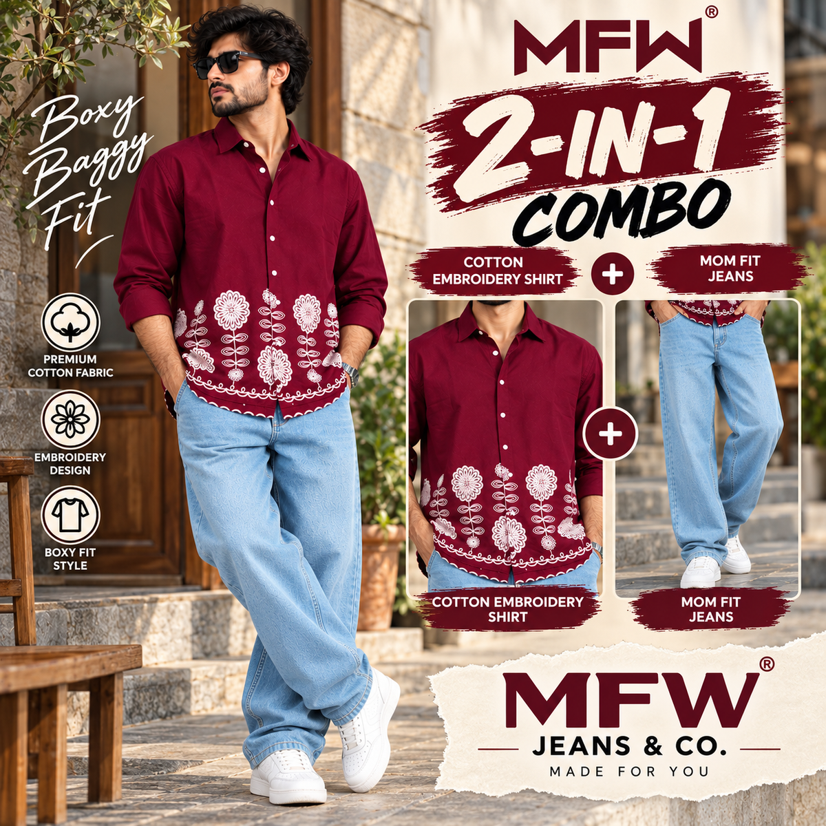 2 in 1 combo MFW border embroidery shirts + mom fit jeans pant buy @600 rs only