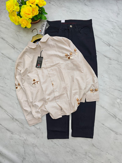 2 in 1 combo Oxford embroidery work shirts + mom fit jeans pant buy @600 rs only