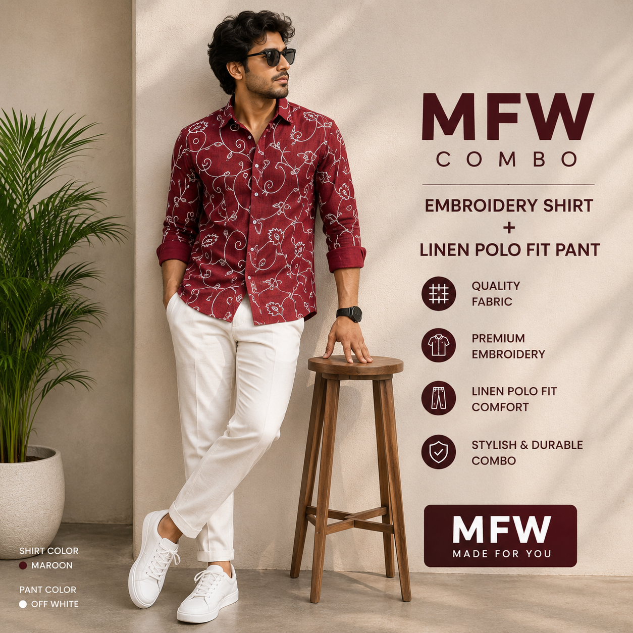 2 in 1 combo embroidery work shirts + lenin polo fit pants buy @600 rs only[ pant color White ]