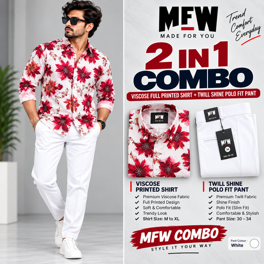 2 in 1 Combo viscose printed shirts + Twill polo fit pant buy @600 rs only[White]