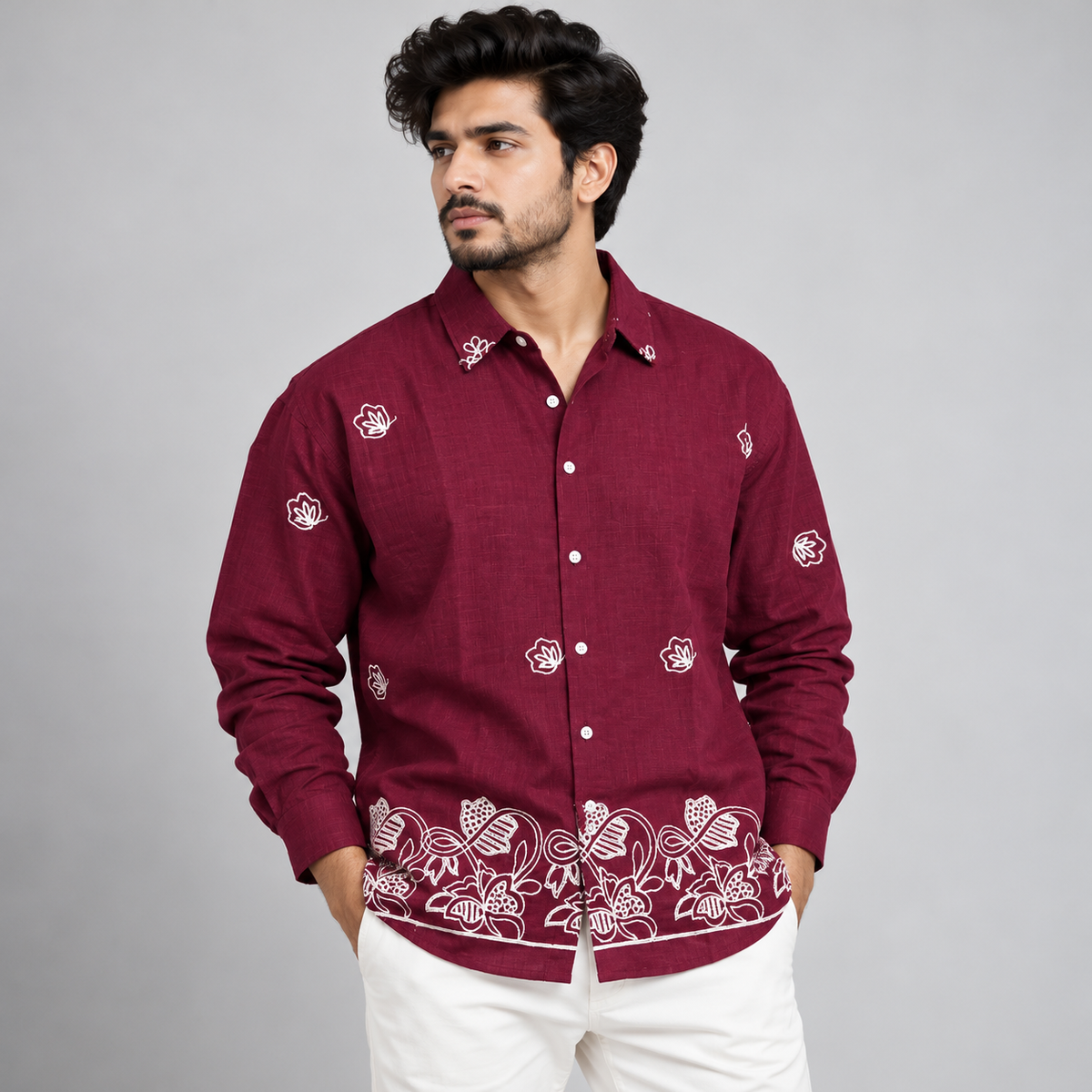Men's Full sleeve lenin  Bottom Embroidery Shirts single pcs @350 and Buy 3 pc combo @999[D2]