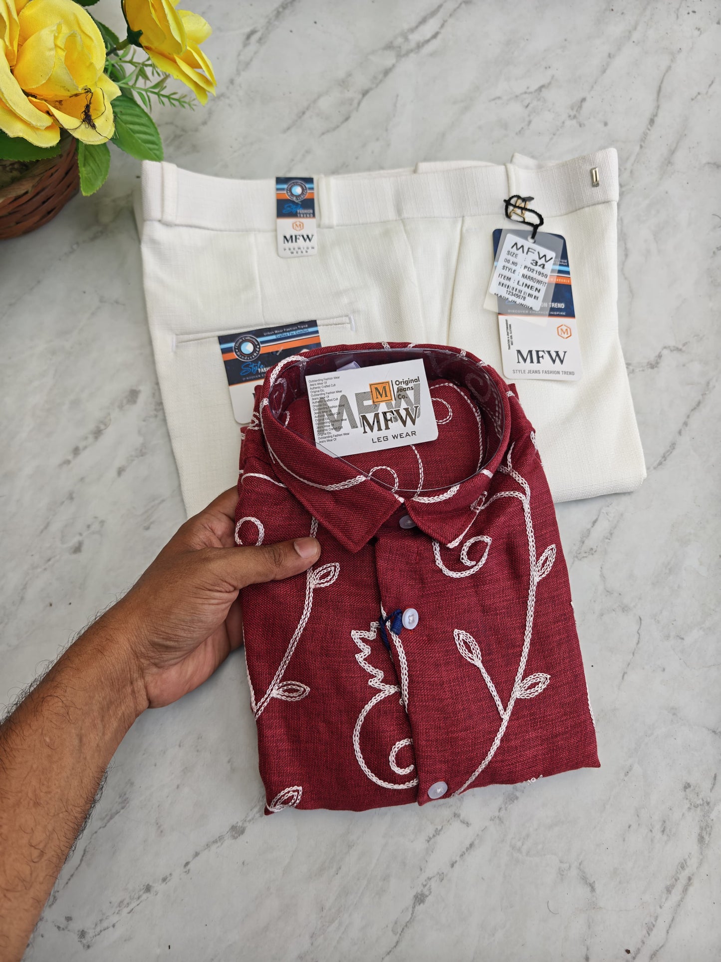 2 in 1 combo embroidery work shirts + lenin polo fit pants buy @600 rs only[ pant color White ]