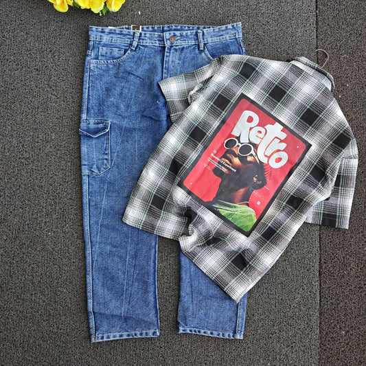 2 in 1 combo MFW double pocket Cuban collar back print shirts + 6 mom fit jeans buy @550 rs only