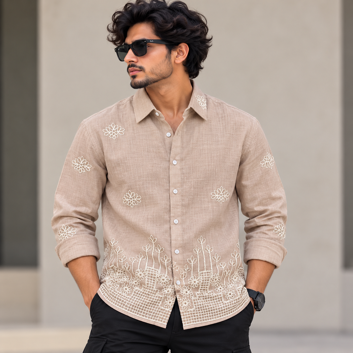 Men's Full sleeve lenin  Bottom Embroidery Shirts single pcs @350 and Buy 3 pc combo @999