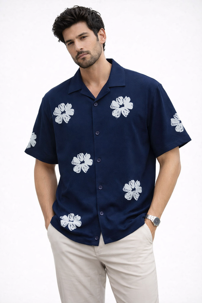 Cuban Collar Oversize Drop Shoulder Polo Designer Shirts buy @249(Navy)