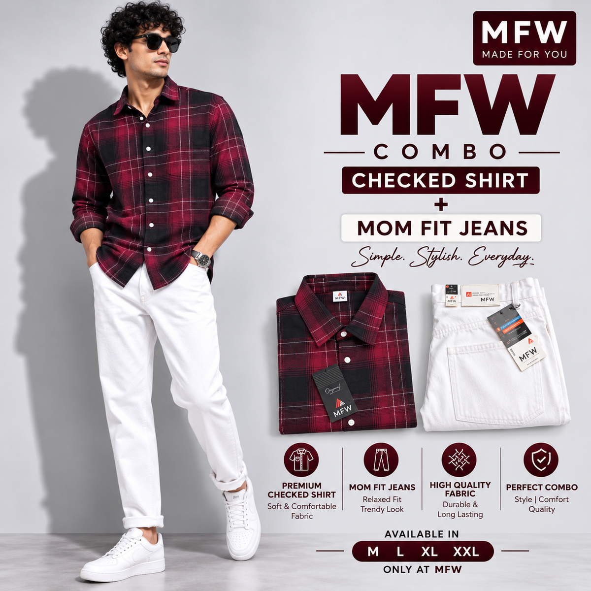 2 in 1 combo MFW checked shirts + mom fit jeans pant buy @600 rs only