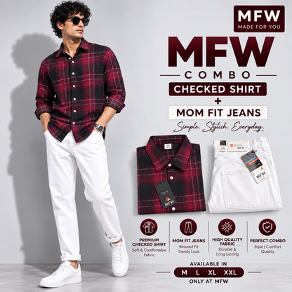 2 in 1 combo MFW checked shirts + mom fit jeans pant buy @600 rs only