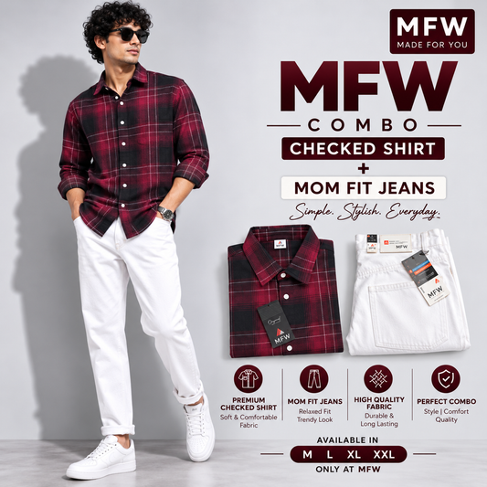 2 in 1 combo MFW checked shirts + mom fit jeans pant buy @600 rs only