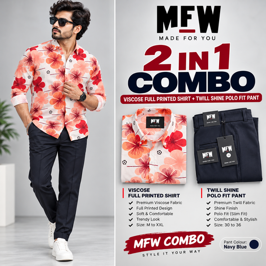 2 in 1 Combo viscose printed shirts + Twill polo fit pant buy @600 rs only[Navy]