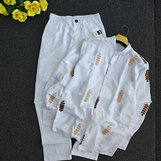 2 in 1 combo mandarin collar embroidery shirts+Lenin relax fit pants combo buy @600 rs only(D1)