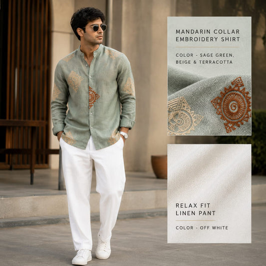 2 in 1 combo mandarin collar embroidery shirts+Lenin relax fit pants combo buy @600 rs only